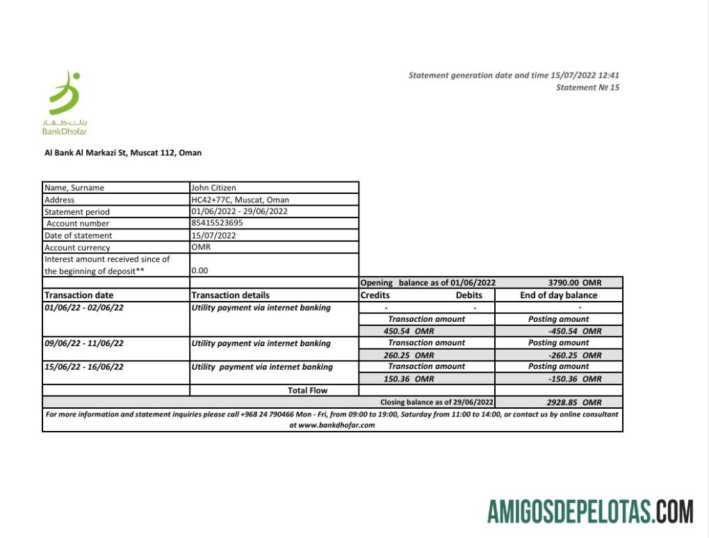Extrato bancário realista do Oman Bank Dhofar em Excel e modelo PDF